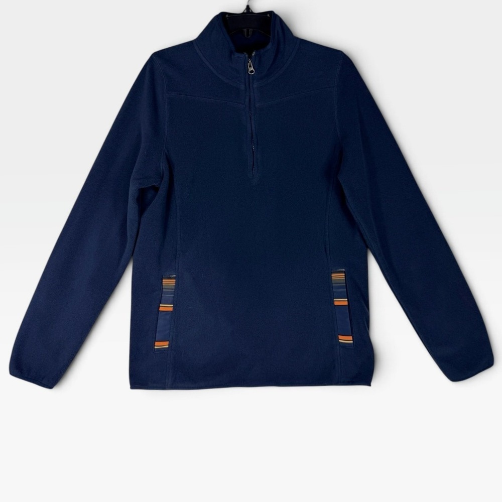 Pendleton Fleece Quarter Zip Pullover Womens Medium Navy Blue Striped Trim EC